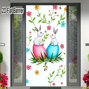 2D flat banner, 1pcEaster Bunny Egg Decorations - White Rabbits on Colorful Eggs, Spring Floral Grass Backdrop for Festive Easter Party Decor, Playful Easter Theme Event Suppliesgalentines party decor, valentine day decor, decorations for valentines