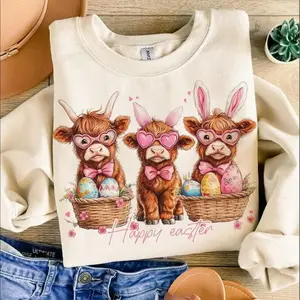 [Sale up to 70%] 	 Easter Day Highland Cow Sweatshits/tshirts ,Cute Cow Easter shirt Retro Easter sweatshirt, Happy Easter Womenswear Tops Casual Comfort Crewneck  Gift for Her, For Woman Top Womenswear