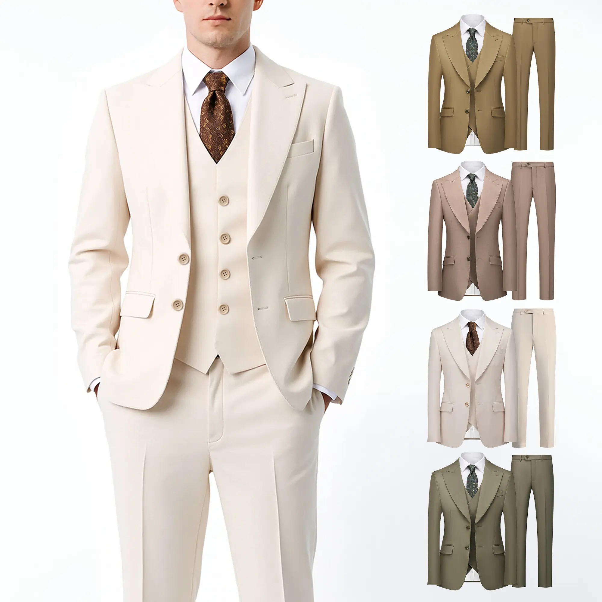 Men’s 3-Piece Slim Fit Suit Set – Premium Fabric Notch Lapel Blazer, Vest & Pants for Wedding, Prom & Business – Lightweight Beige, Khaki & Olive