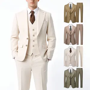 Men’s 3-Piece Slim Fit Suit Set – Premium Fabric Notch Lapel Blazer, Vest & Pants for Wedding, Prom & Business – Lightweight Beige, Khaki & Olive