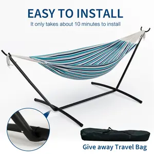 Double Hammock with Heavy Duty Steel Stand, 450lbs Capacity Portable Cotton Hammock for 2 Person, Includes Carrying Case for Indoor Outdoor Patio Yard Use