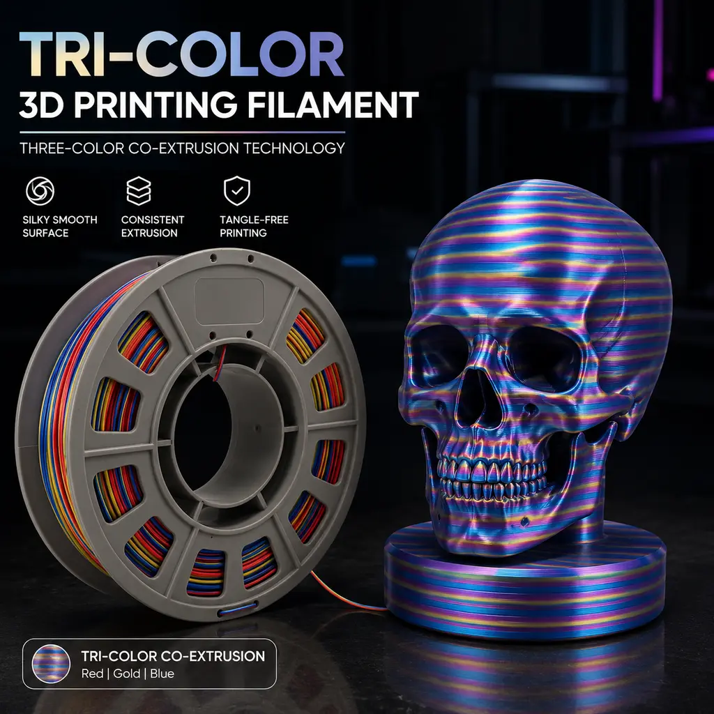 Co-Extruded Tri-Color Silk PLA 3D Printer Filament, 300g Mini Spool, 1.75mm - Red-Gold-Blue Shifting Colors, High Detail for All Mainstream 1.75mm FDM Desktop Printers