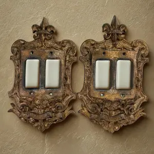 Rare Vintage Cast Decorative Double Rock Switch Plate Cover Fleur De Lis Set of 2 Ornate Design