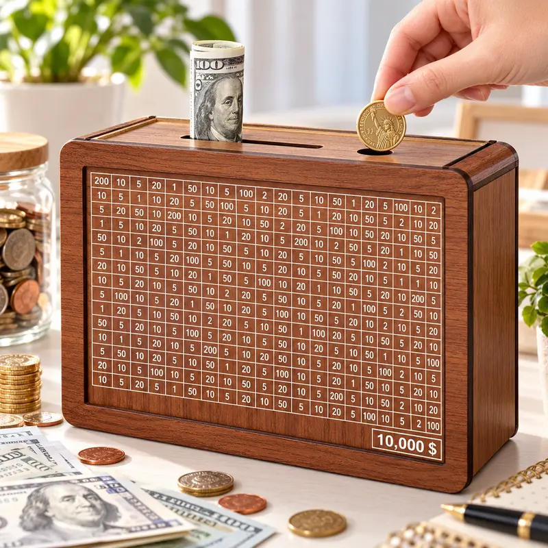 Wooden Money Saving Box for Cash, $10K Savings Challenge Piggy Bank, Gift for Kids Teens Adults, Decorative Cash Vault for Home Office Decor Cash Coin Jar Coin Bank