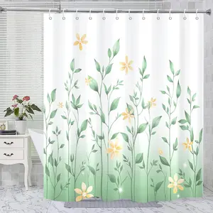 Mint Green Eucalyptus Shower Curtain, Boho Ombre Spring Floral Leaves Modern Farmhouse Plant Washable Polyester Fabric Bath Decor with 12 Hooks 72x72 inches