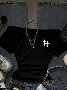 Women's One Shoulder Casual Ruffled Off-Shoulder Cross Print Tight Short Sleeve T-Shirt, Summer Vintage Sexy Cute Y2K Style Festival Wear