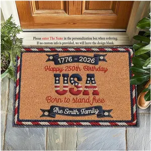 Custom Name Patriotic USA 250th Birthday Welcome Mat, America Semiquincentennial 1776–2026 Doormat for Outdoor Entryway and Porch, Independence Day Celebration Decor