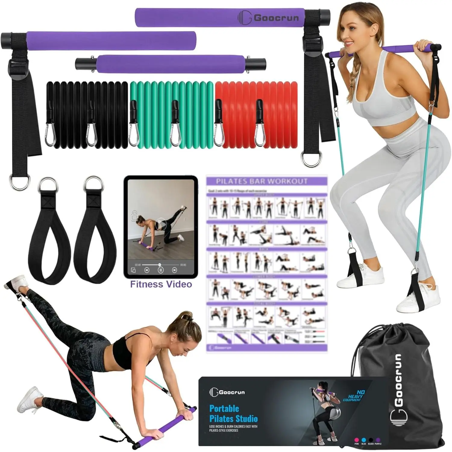 Unisex Pilates Bar Kit - Detachable Steel Sticks, 0.5kg Portable Lightweight, Adjustable, 3 Sets of Resistance Bands (Total 130lbs Res.), Video Guide, 20cm×20cm×20cm, Full-Body Workouts for Home & Office Use