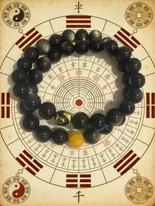 Black Shine Smooth Intent Pearl Obsidian Bracelet with Gold Accent and Feng Shui Design