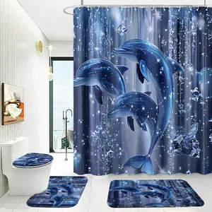 4pcs Blue Dolphin & Crystal Sparkle Whimsical Shower Curtain Set,The floor mat fabric is thicker and softer! Ocean Themed Bathroom Decor for Summer Vacation and Nautical Home Style