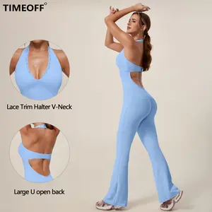 TIMEOFF Women's Backless Halter Sporty Jumpsuit - Soft Stretch Moisture-Wicking Fabric, Athletic Style Activewear Clothing, Workout Outfit for Yoga & Gym, Backless Sports Jumpsuit,summerwins