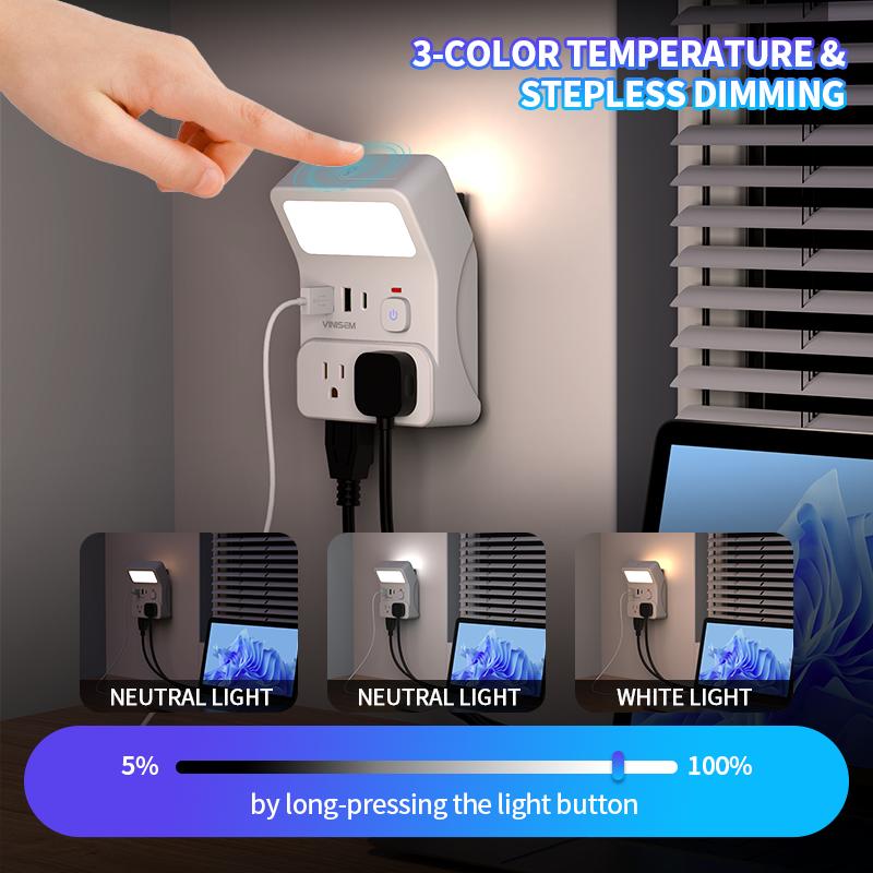 night light wall socket, 4 AC sockets with overload protection, maximum power of 1250W, 10A, 2 USB 2 Type-C, suitable for home, office, travel and computer.