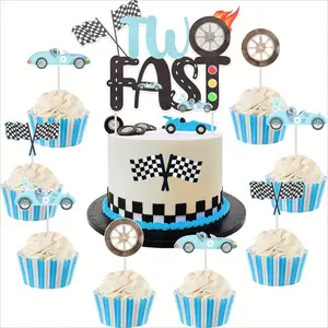 25 PCS Vintage Two Fast Cake Decorations - Blue Race Car Birthday Cake Topper with Cupcake Toppers Double Sided, Let's Go Racing Checkered Flag Years Old Party Supplies