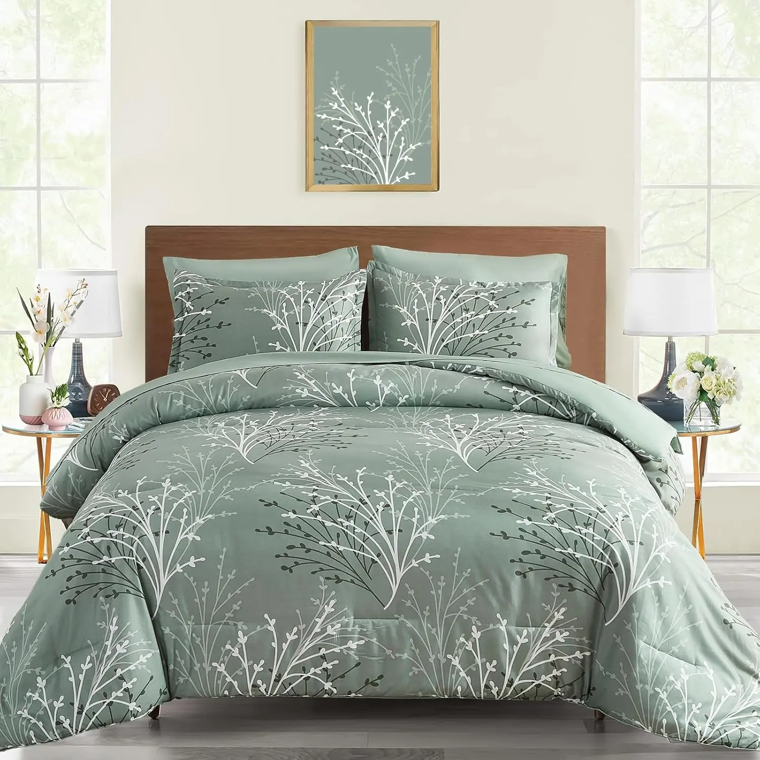 Sage Green Comforter Set  Size Branch Botanical 7 count Bed in a Bag Light Green Floral Bedding Sets, Soft Microfiber Branches Leaves  Reversible Comforter Set for All Season (104''x90'')