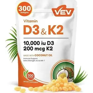 2-in-1 Vitamin Supplement D3 10000 IU & K2 200 mcg with Virgin Coconut Oil 300 Softgels for Immune Support Extra Strength MK-7