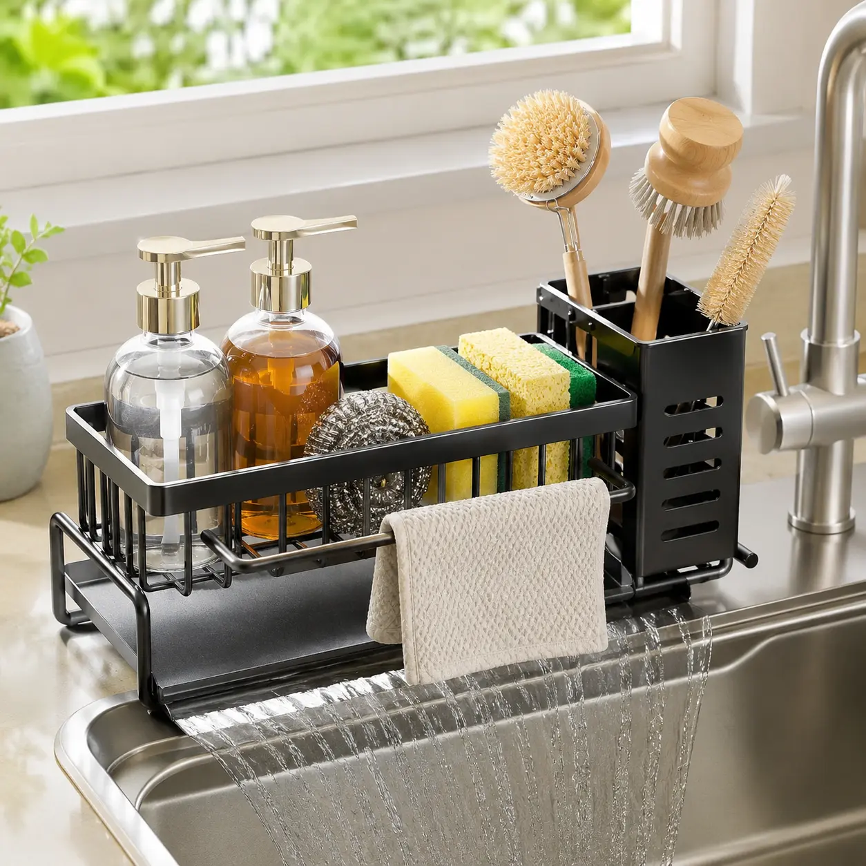 AISOON Compact Carbon Steel Sink Caddy Organizer with Drain Tray, Sink Storage, Removable Towel Bar & Kitchen Utensil Holder, Black