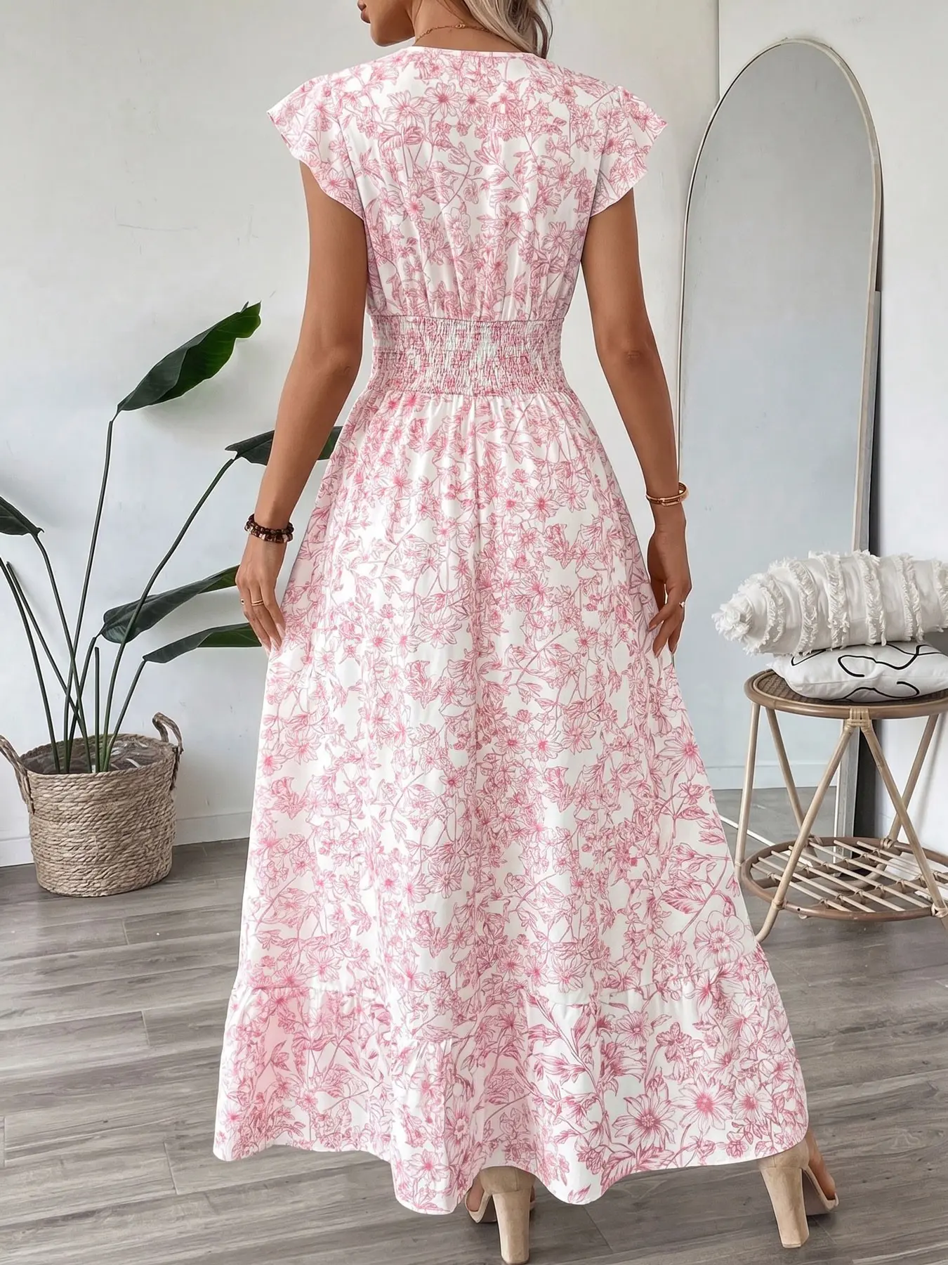 Women's Fitted V Neck Ruffle Hem A-Line Dress, Elegant All Over Print,  Elastic Waist, Woven Fabric, Casual Vacation Wear - TikTok Shop