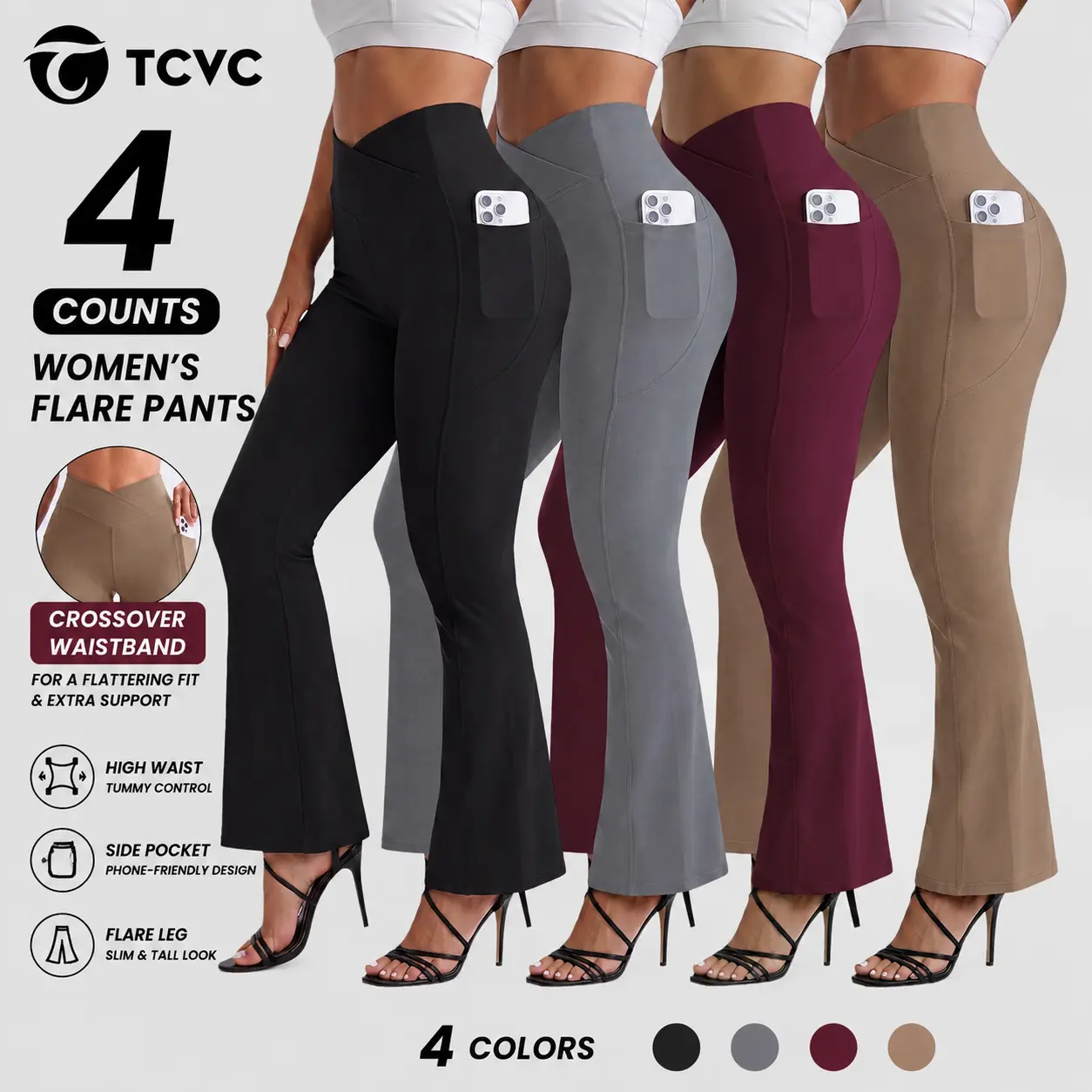 TCVC Women's High Waisted Crossover Flare Pants with Pockets, Stretchy Bell Bottom Yoga Leggings for Casual Everyday Wear