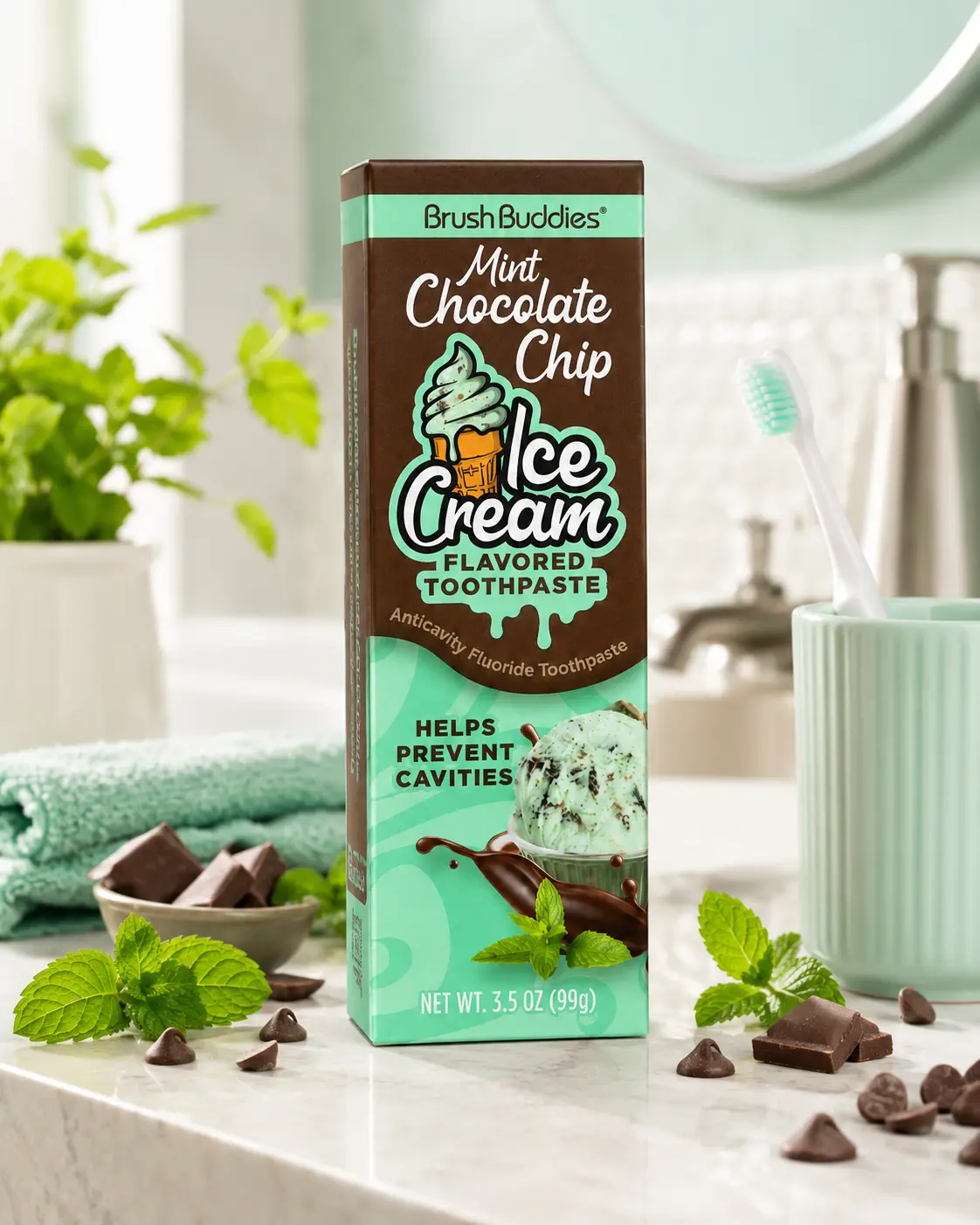 BrushBuddies Mint Chocolate Chip Ice Cream Flavored Toothpaste 3.5oz Fluoride Anticavity - Helps prevent cavities, fun, oral, dental care, teeth, fun self care,sweet mint, hygiene