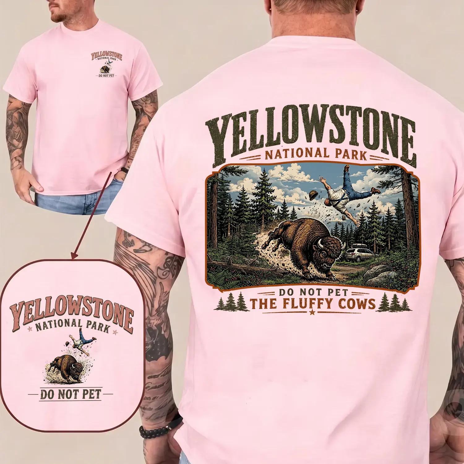 Comfort Colors Vintage Yellowstone National Park 2 Sides Shirt|  Do Not Pet The Fluffy Cows | Bison, Mountains & Trees Nature | Yellowstone National Park Bison Toss Incident