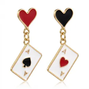 18K Gold Plated Asymmetric Poker Drop Earrings Red Heart Queen & Black Spade Ace Design, Lightweight Novelty Jewelry for Casino Night & Costume