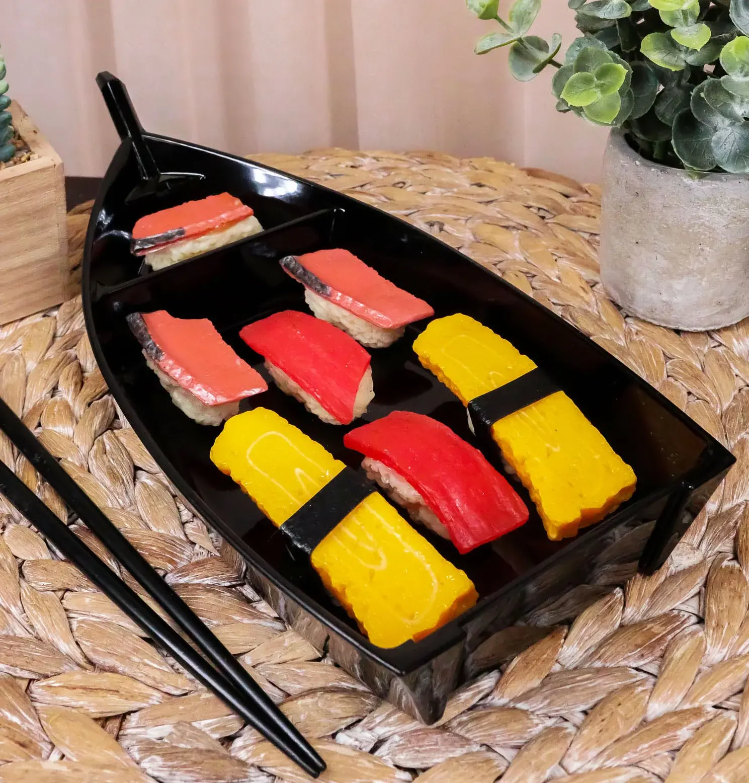 Ebros Aesthetic Japanese Traditional Black Lacquered Plastic Sushi Boat Serving Plate Display for Home Decor & Serving