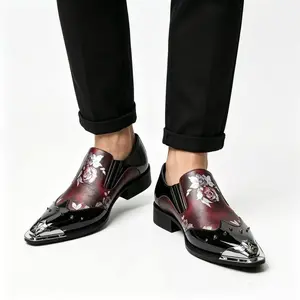 Men's Ruby-Red Rose Embossed Flat Slip-On Loafers - Soft Leather, Rubber Sole, for Bedroom Walking