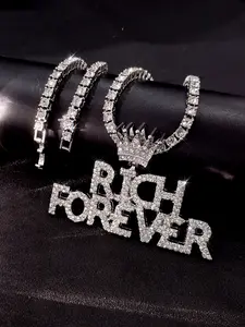 Hip Hop Punk Sparkling Blingbling Letter Rich Forever Necklace with Crown, Iced Out Tennis Chain for Men Women, Party & Festival Jewelry, Bling Stylish Accessory