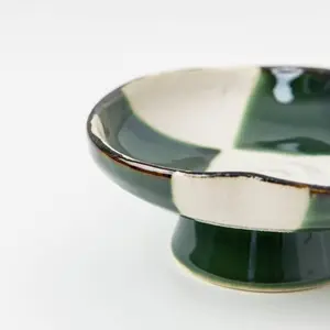 Oribe Green & Ivory Checkered Small Dish with Legs - Modern Ceramic Dinnerware 4.72" dia x 1.77" ht Perfect for Plates