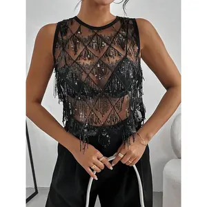 Sparkling mesh sleeveless short top, sexy and fashionable style, with tassels, perfect for young women's gatherings and nightclubsRAIMENTRY