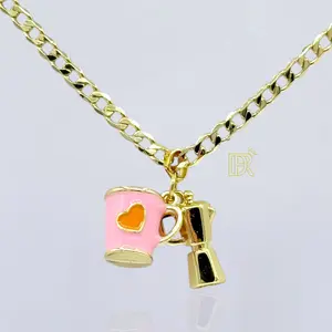 DIDIRAY 14k Gold Plated Coffee Maker Charm Necklace 22 Inch Short Link Style Unisex Accessory with Geometric Design for Daily Wear