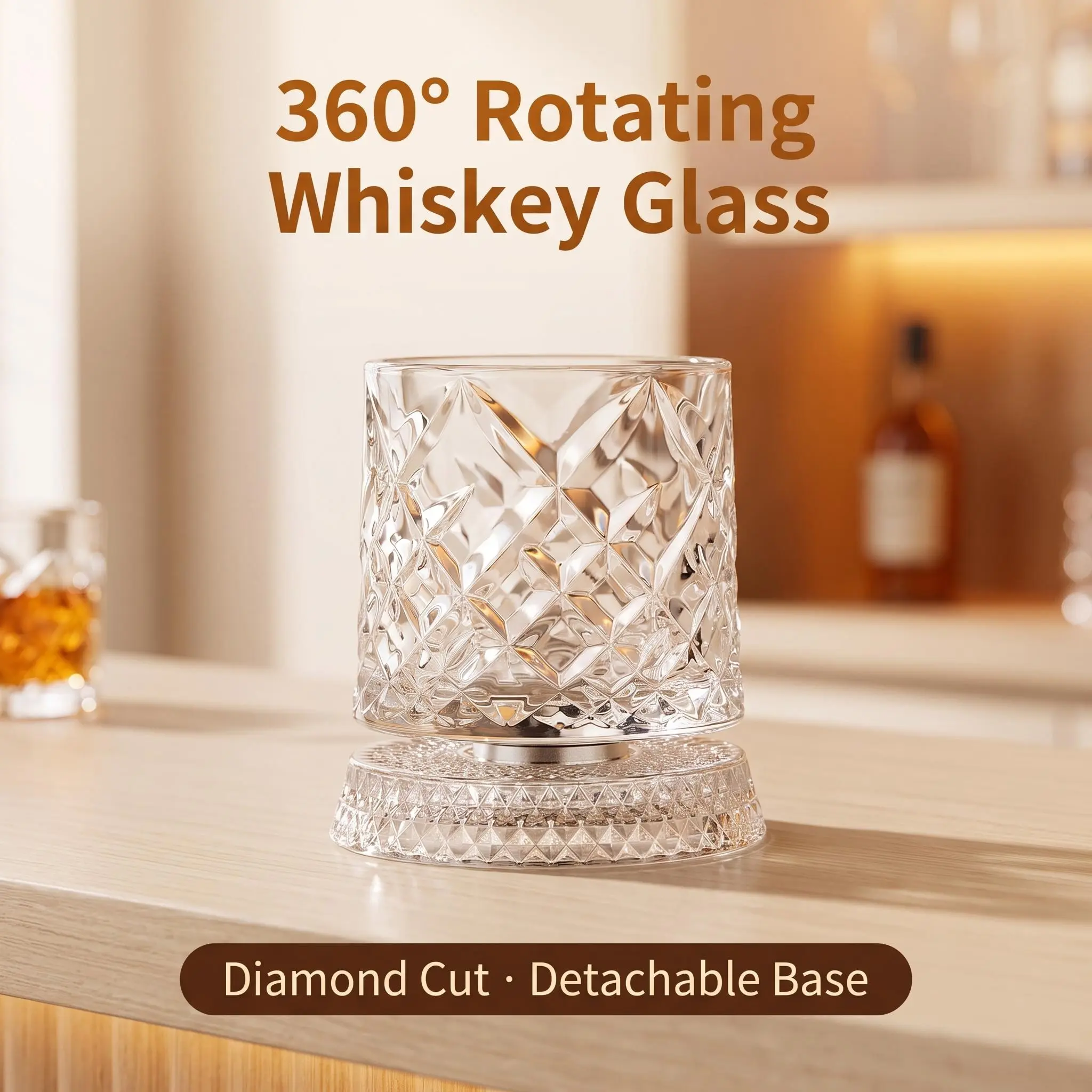 360° Rotatable Diamond Cut Whiskey Glass, High Clarity No-Lead Crystal Drinking Cup