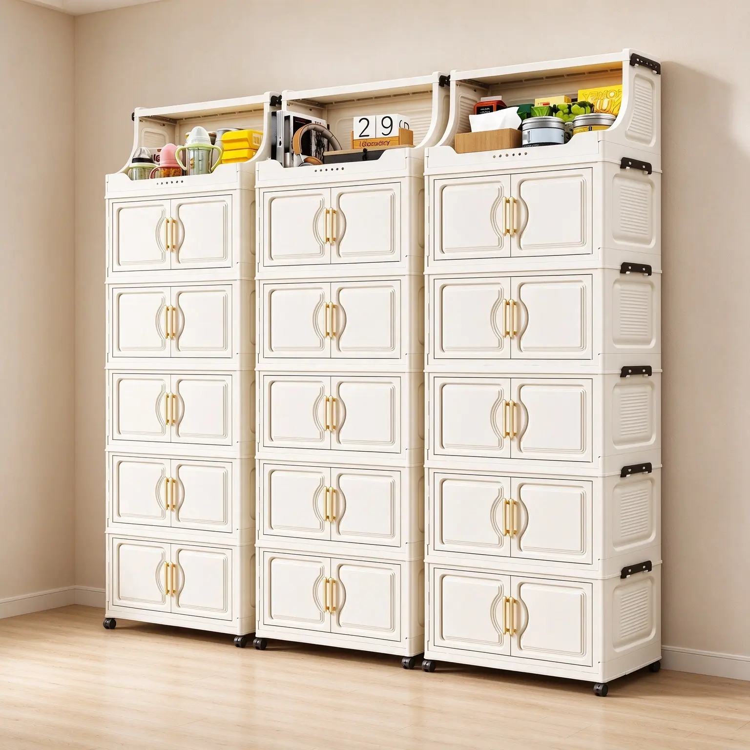 GoldSnake Foldable stackable wardrobe storage cabinet on wheels, independent multi-layer wardrobe storage system, entrance hall storage cabinet, open top space-saving tool-free assembly, suitable for bedroom, cloakroom, living room organization storage