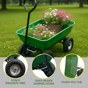 Garvee Garden Wheelbarrow Cart, Heavy-Duty Utility with Four Wheels, Built-in Stand, Ideal for Home, Yard, and Garden - Green
