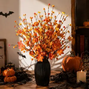 Halloween Harvest Artificial Pumpkin Maple Leaf Arrangement, Durable and Easy to Set Up, Festive Desktop Decorative Floral Display