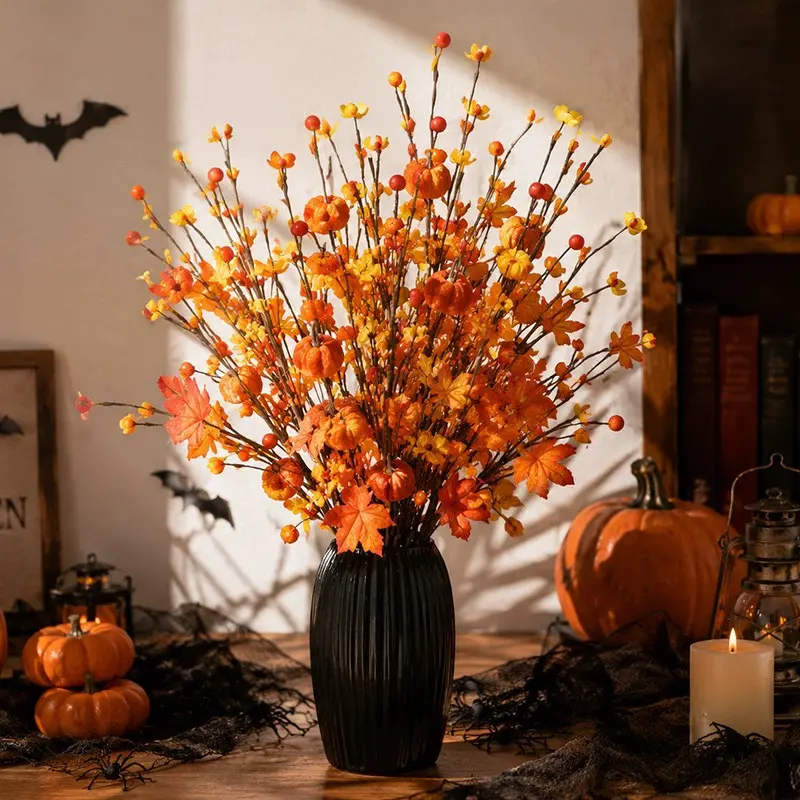 Halloween Harvest Artificial Pumpkin Maple Leaf Arrangement, Vibrant, Durable and Easy to Set Up, Festive Desktop Decorative Floral Display, Decoration