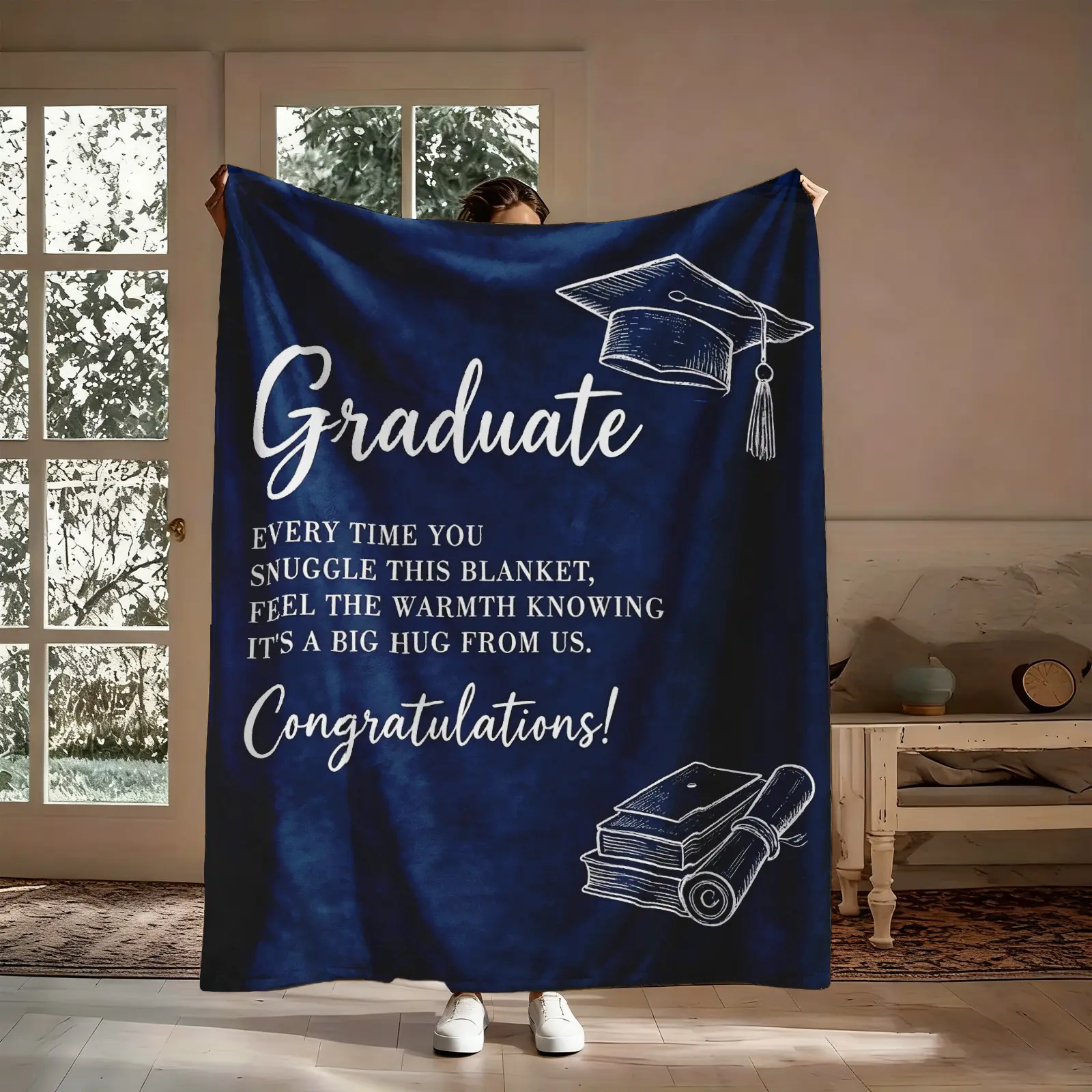 Graduation-Themed Flannel Throw Blanket - Navy-White Line Art Cap Book Diploma Design, Soft Cozy Warm Large Decorative College-Themed Custom Text Blanket, for Couch Bed, Graduate Gift Keepsake Decor, Large Text Blankets, Decorative Text Blankets