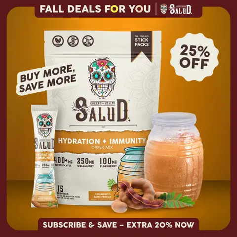 Salud 2-in-1 [Hydration + Immunity - Tamarindo]  Electrolytes Powder, Agua Fresca Drink Mix, Elderberry, Dairy & Soy Free, Non-GMO, Gluten Free, Vegan, Low Calorie, 1g Sugar (15 Servings)