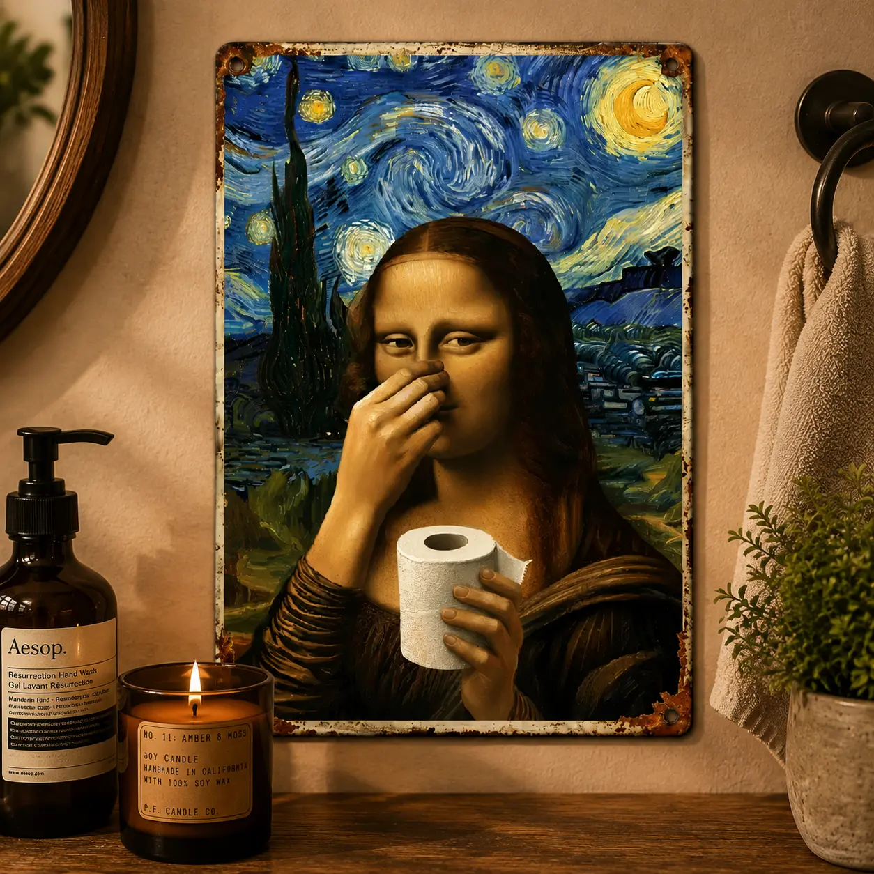 8x12 in Playful Toilet Theme Mona Lisa Artwork Metal Wall Sign, Vintage Bathroom Decor Plaque, Powder Room Home Decor, Unique Gag Gift Idea for Friends