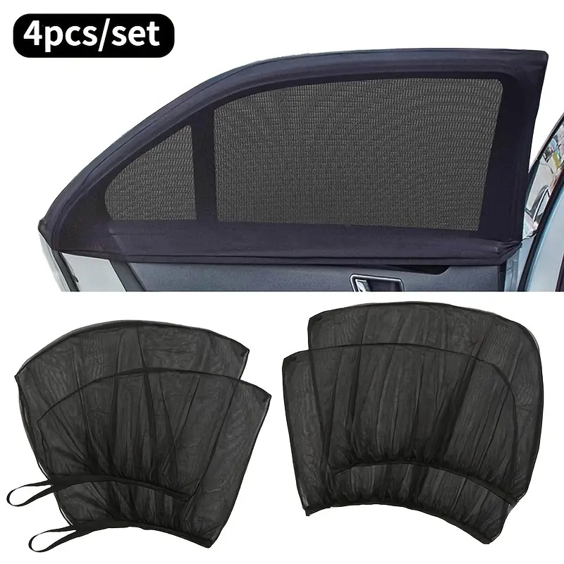 4pcs Black Mesh Car Window Sun Shades, Universal Fit for Front & Rear Windows, Durable Knit Fabric, Comfortable Camping, Unlined, Plain Weave, Easy Installation, UV Protection, Portable, Durable, Sturdy Sun Shade, Car Window Sunshades