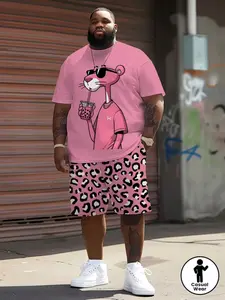 Men's Playful Leopard Print Round Neck Pullover T-Shirt + Drawstring Shorts Set, Casual Summer for Outdoor Activities