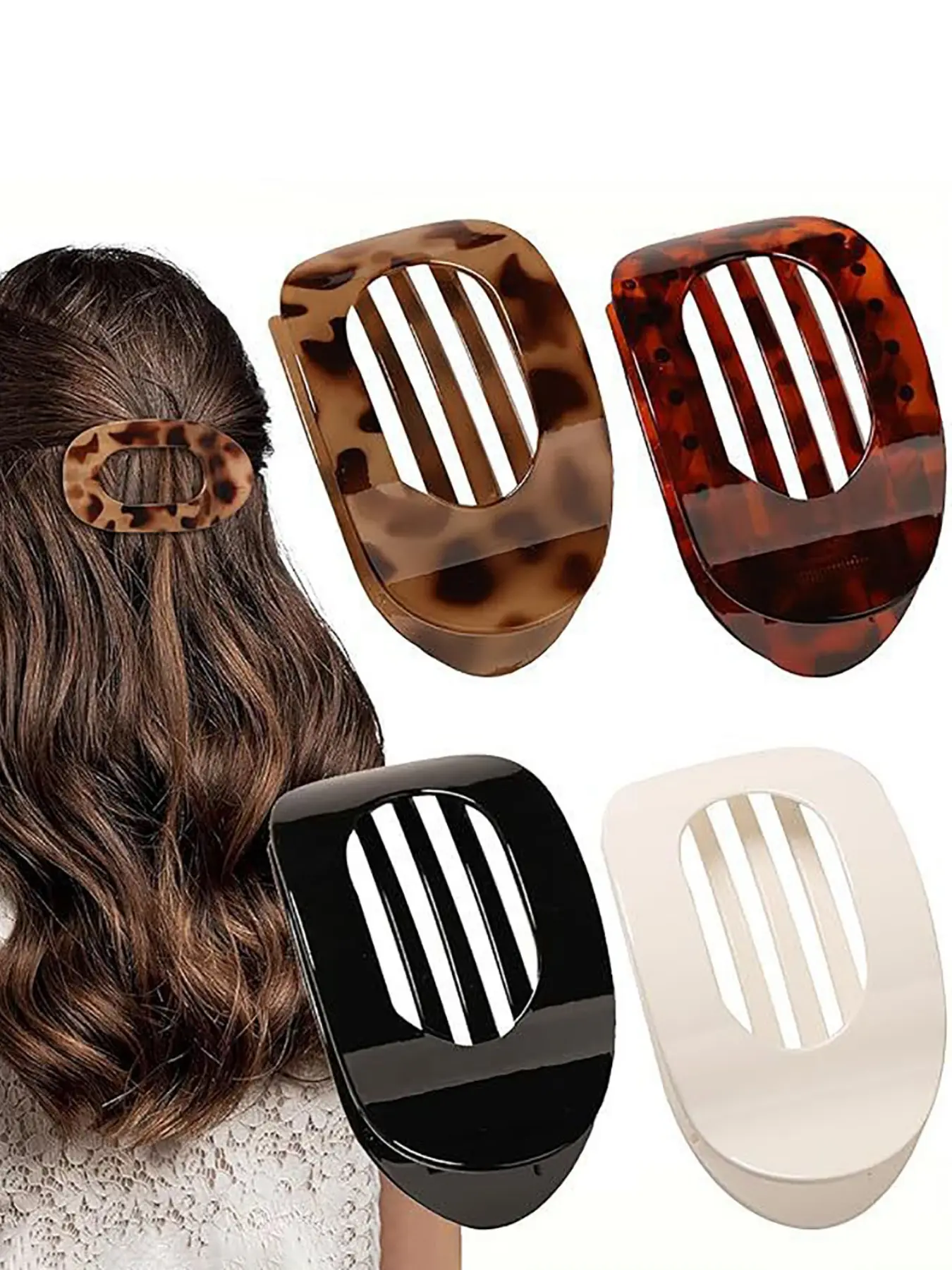 4pcs Women Flat Hair Clips, Hair Clip Set, Suitable For Medium-Thick Hair, Tortoise Shell/Flat Alligator Clips, Sturdy Grip, Curved Design, Suitable For Driving, Yoga, Casual Claw Clips
