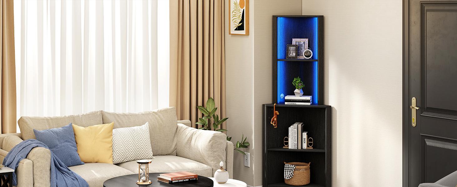 DWVO Corner Shelf Stand with Led Light, 5 Tier Corner Bookshelf and Bookcase, Wooden Open Corner Cabinet Display Storage Rack for Bedroom,Living Room, Dining Room, Home Office, Kitchen, Black