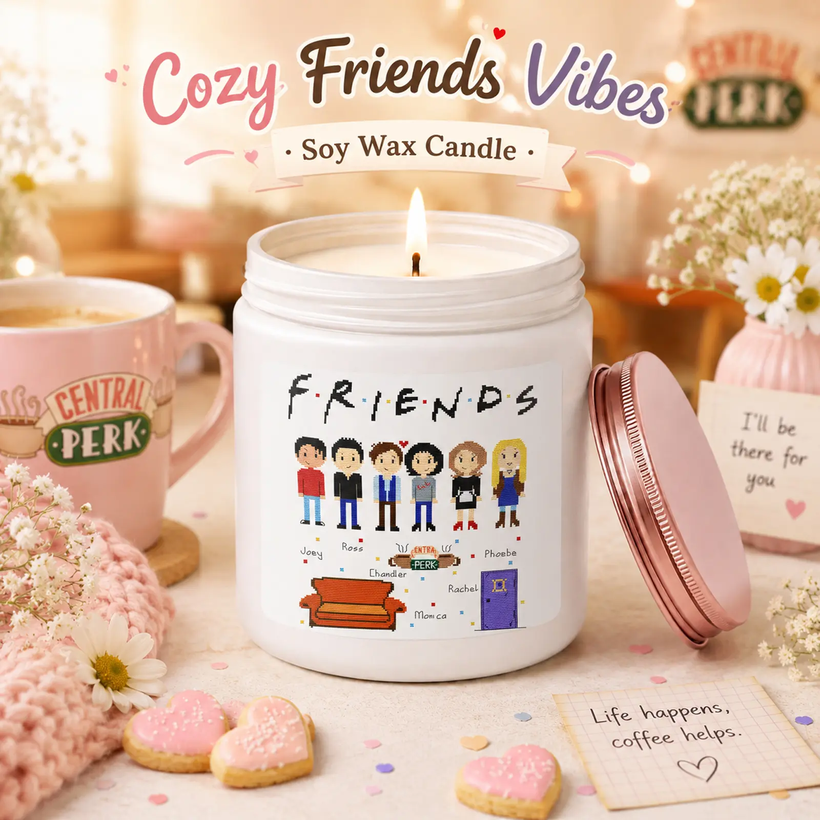 1Pc Handmade Retro Friends Pixel Scented Soy Candle - Natural Soy Wax, Hand-Poured Home Decor, TV Show Fan Gift with Plant Accent, Back to School Casual Cowboy Engagement Present, Deodorant Fragrance Item, Thanksgiving