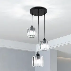Modern 3 Heads K9 Crystal Chandelier LED Ceiling Pendant Light Gold Black for Living Room Kitchen Villa Staircase QH-MP075