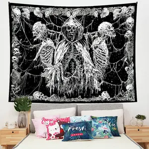 Dark Gothic Skull Pattern Tapestry - Puppet Wizard Print Wall Hanging Blanket, Home Decor Accessories, Living Room & Halloween Room Decorations, Wall Mural