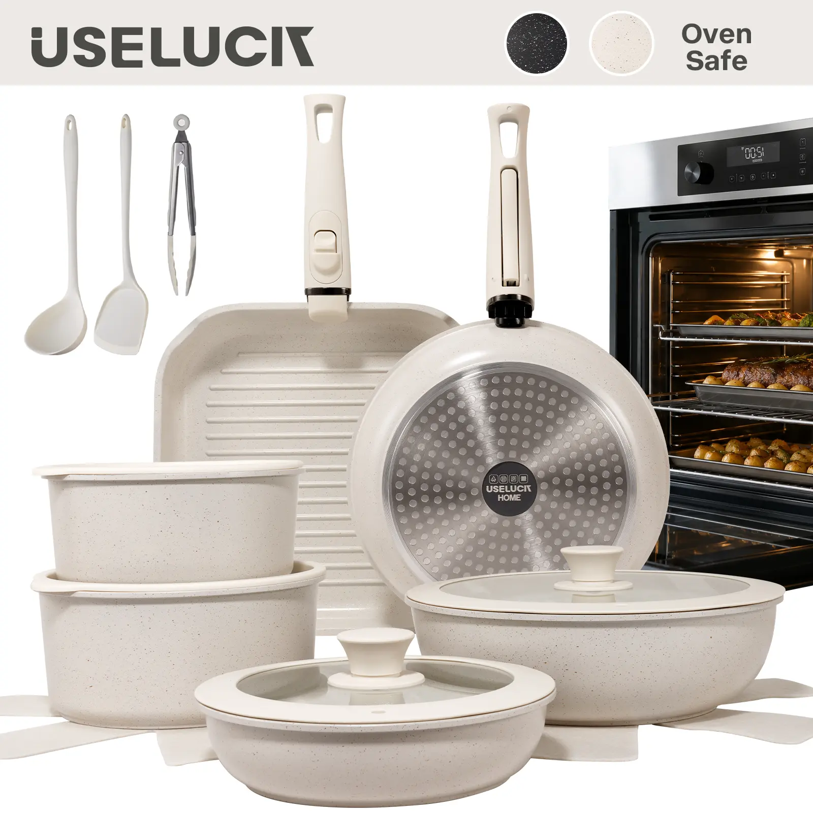 【Most love】USELUCK Pots and Pans Set Non Stick Non-Toxic 22 Pcs Ceramic Cookware Sets Nonstick Kitchen Pot&Pan With Lid Cream White Granite Induction Compatible with Glass Lids Crepe Frying Pan PFOA/PFOS-Free, Cooking Pan Set