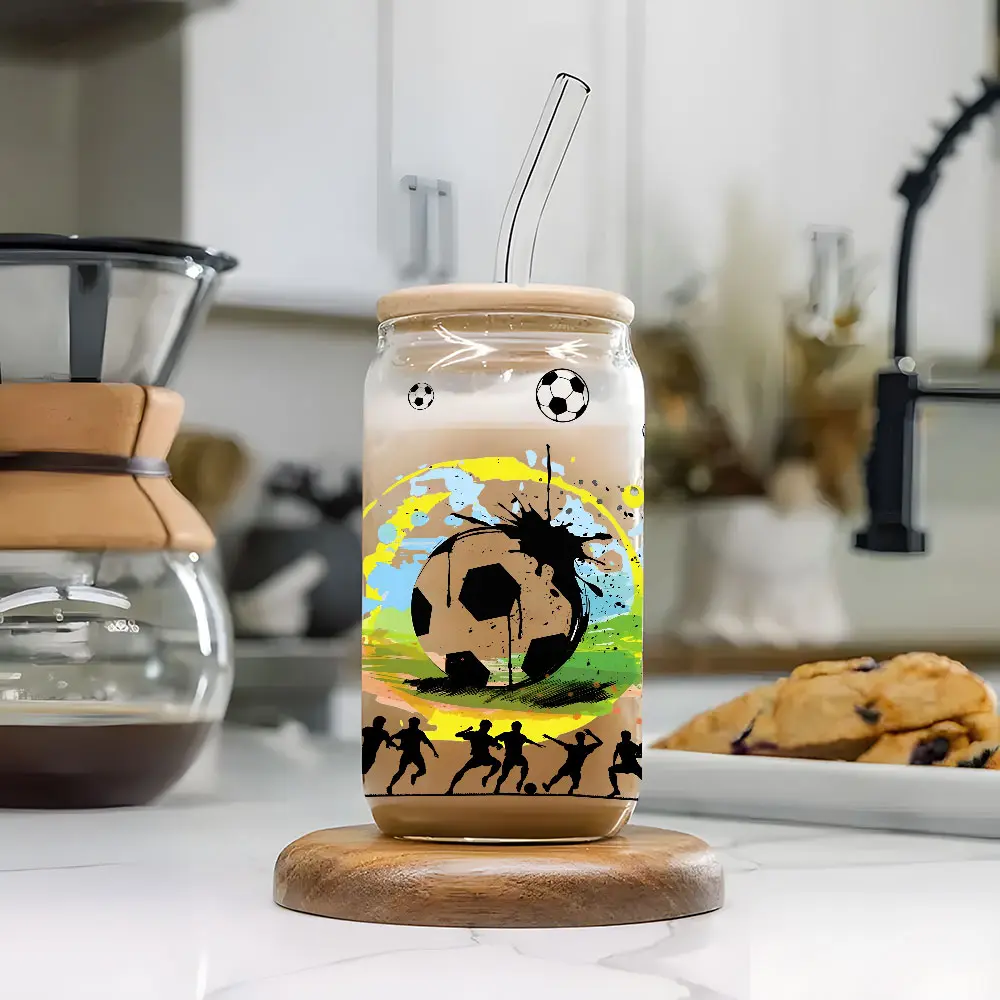 Soccer Theme Splash Design 16oz Glass Can Cup, Tumbler with Lid and Straw, Reusable Glass Drinking Cup, Glass Jar for Iced Coffee, Cold Drinks, Drinkware, Drink Containers, Perfect Gift for Soccer Fans, Sports Lovers