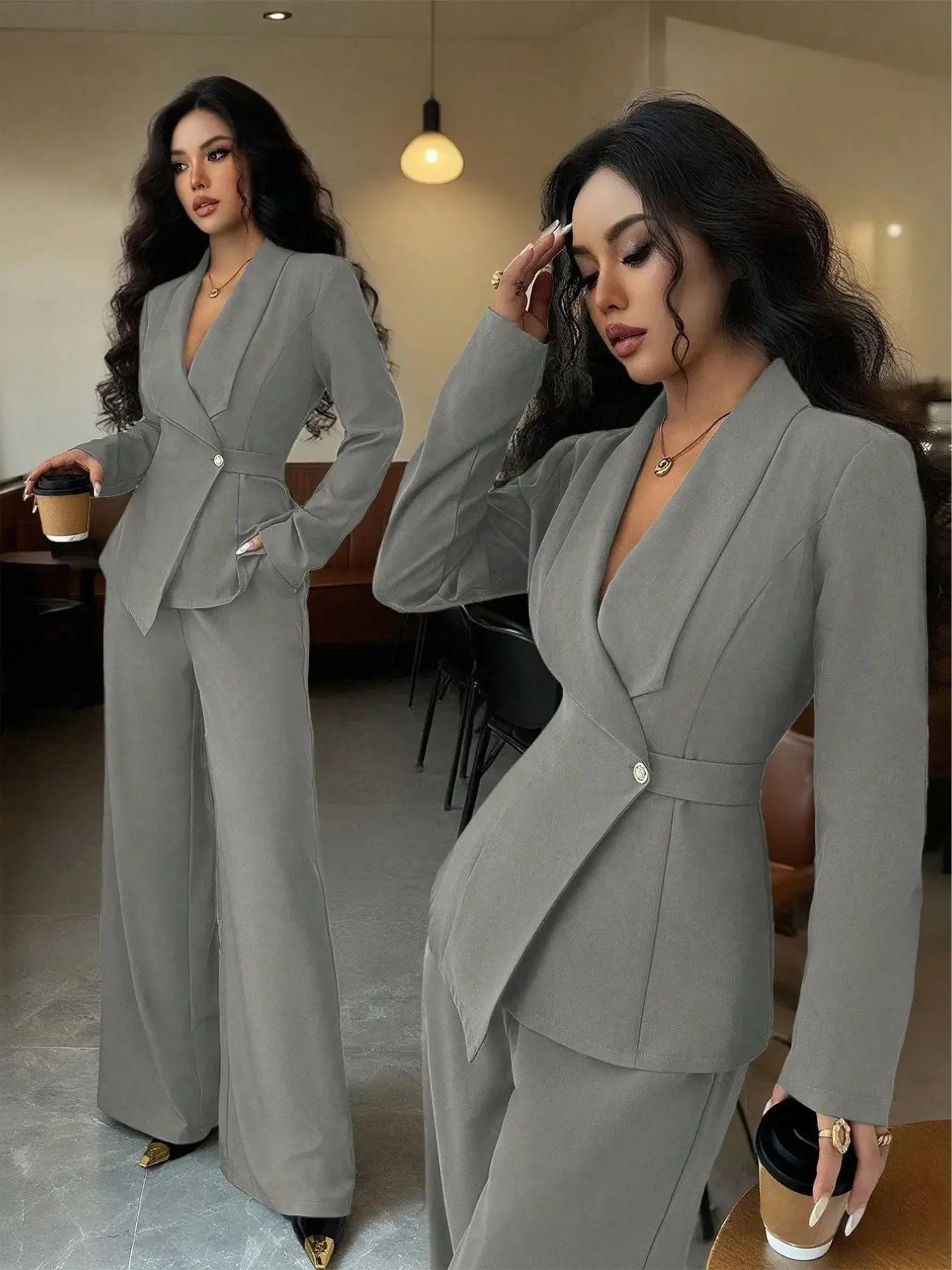 Women's Stylish Chic Elegant Casual Set with Fitted Plain V Neck Long Sleeve Shirt and Wide Leg Pants, Trendy Spring and Fall Fashion for Women, Suits Womenswear Clothes