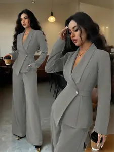 Women's Stylish Chic Casual Set with Plain V Neck Long Sleeve Shirt and Wide Leg Pants, Trendy Spring and Fall Fashion for Women
